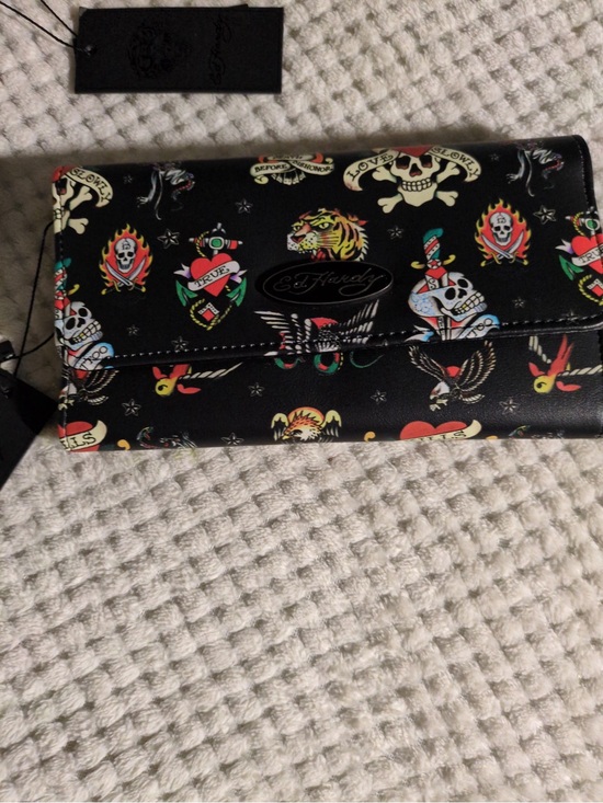 Ed Hardy Accessories - Ed Hardy Black Leather Clutch with Multicolor Tattoo Motifs
